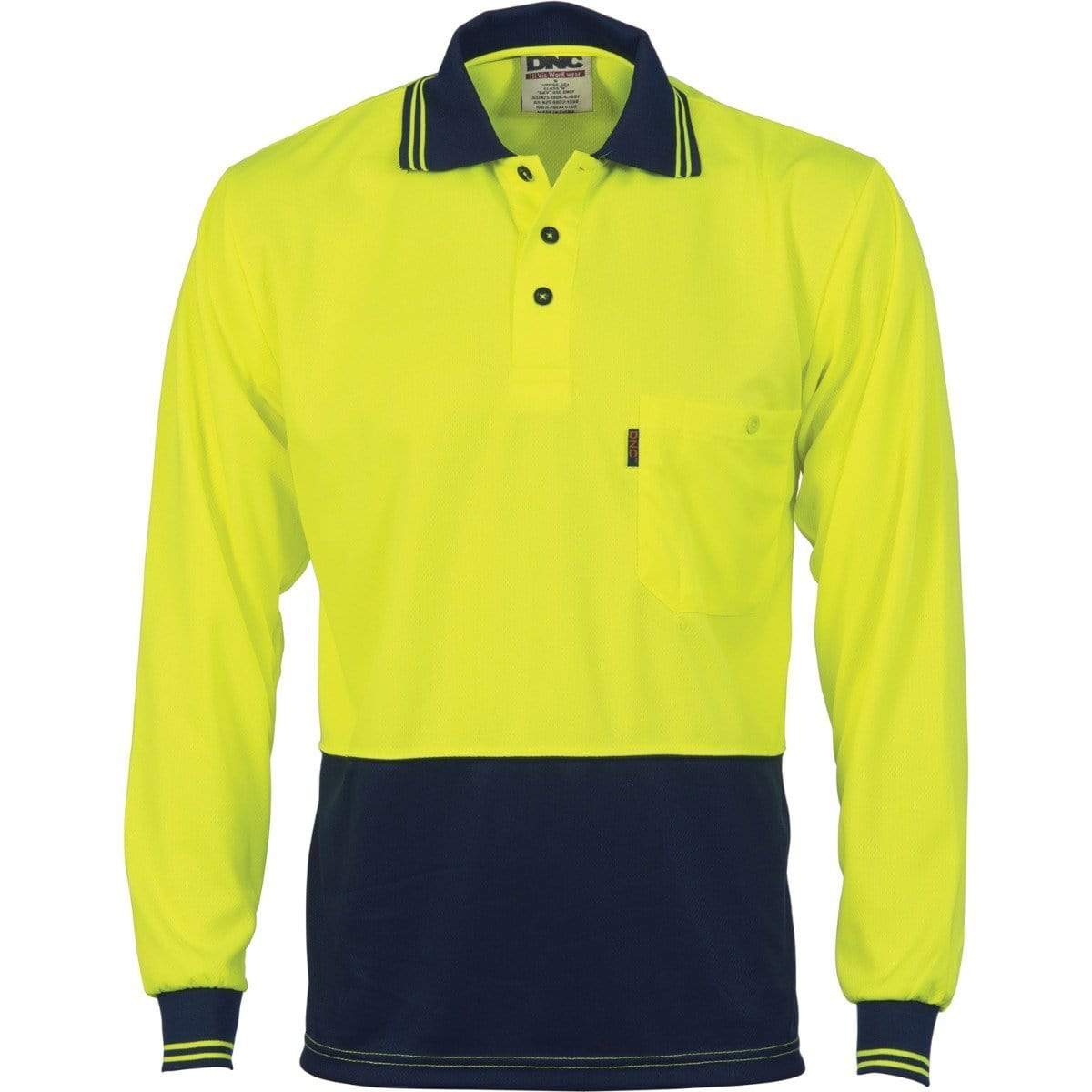 Dnc Workwear Hi-vis Two Tone Cool Breathe Long Sleeve Polo Shirt - 3813 Work Wear DNC Workwear Yellow/Navy XS 